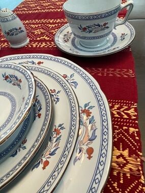 Copeland Classic Floral Blue Trim Porcelain Dinnerware Set 6